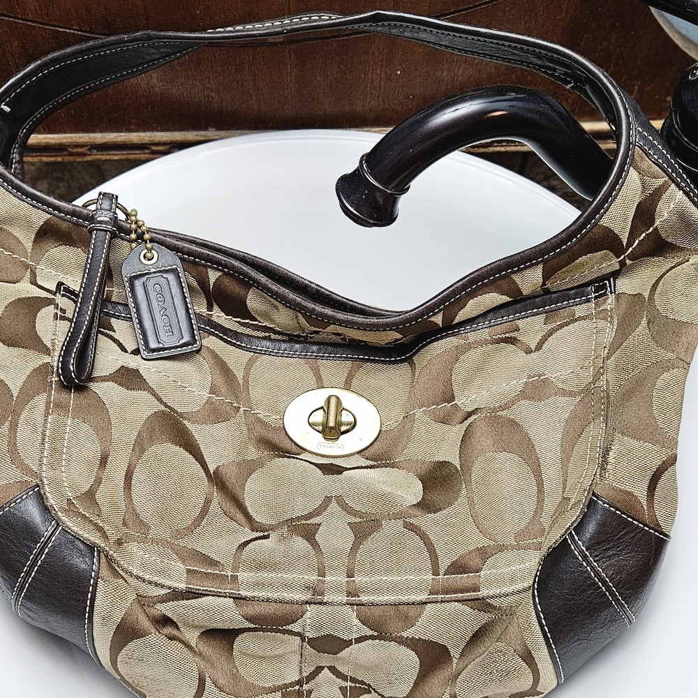 Coach Brown and Tan Signature Hobo Bag